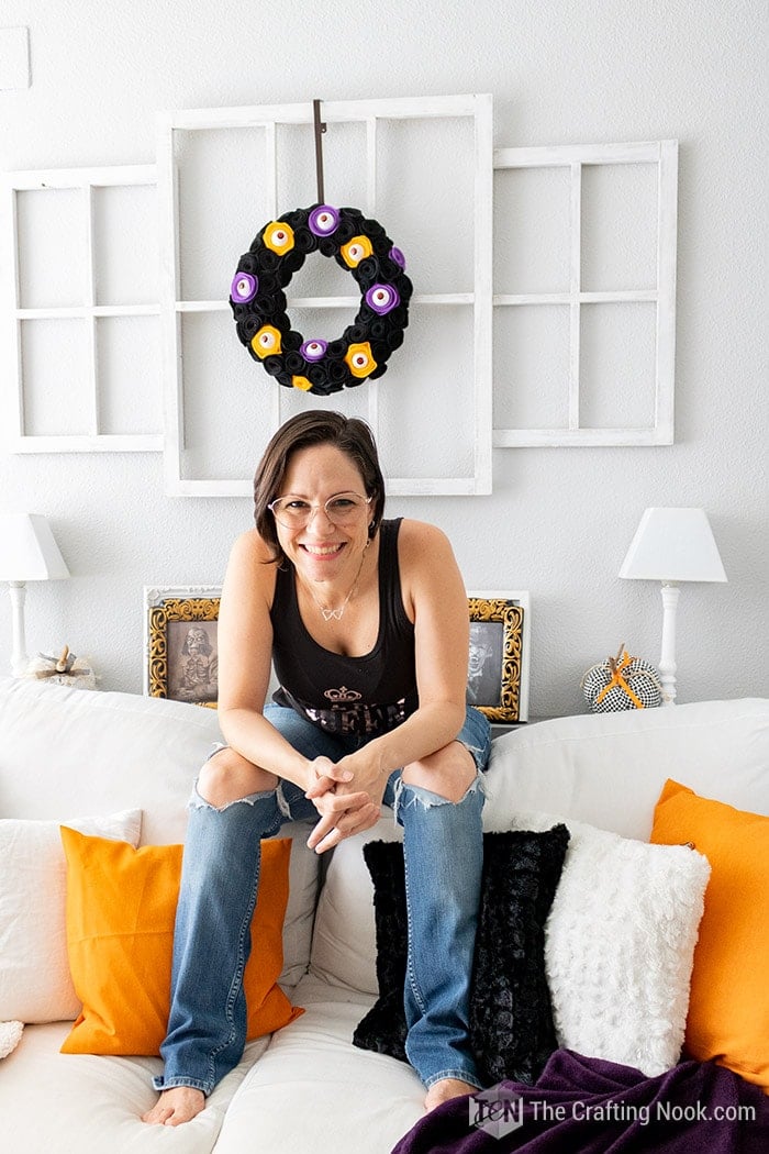 Me sitting on the sofa with the Scary Halloween Wreath