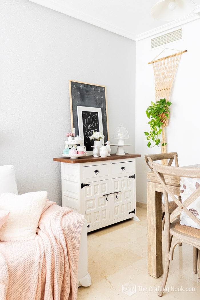 The view of my living room after the Vintage Buffet Makeover with Chalk Paint