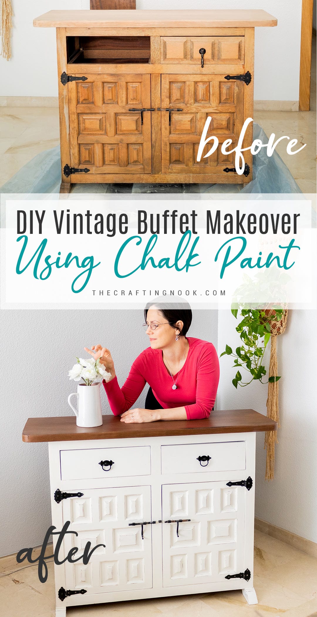 The before and after of the makeover of my Vintage Buffet Pinterest cover image with title text overlay