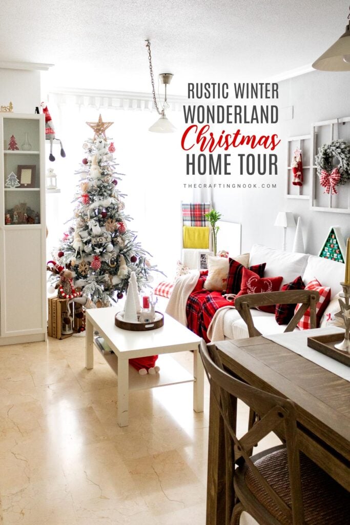 Winter Wonderland Christmas Decorations Home Tour 2021 showing all my living room and part of the dining room Feature cover image with title text overlay