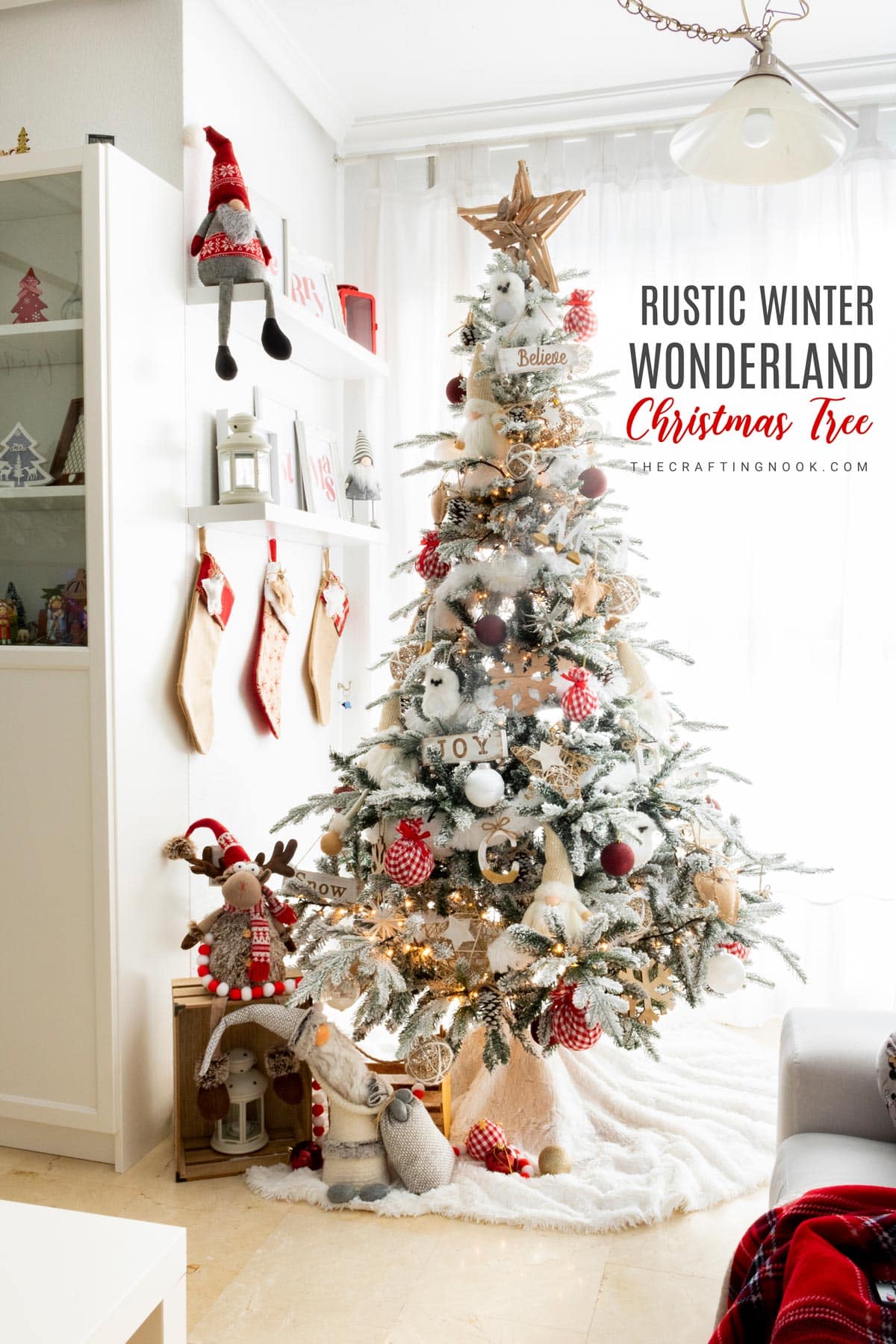 Rustic Winter Wonderland Christmas Tree with title text overlay