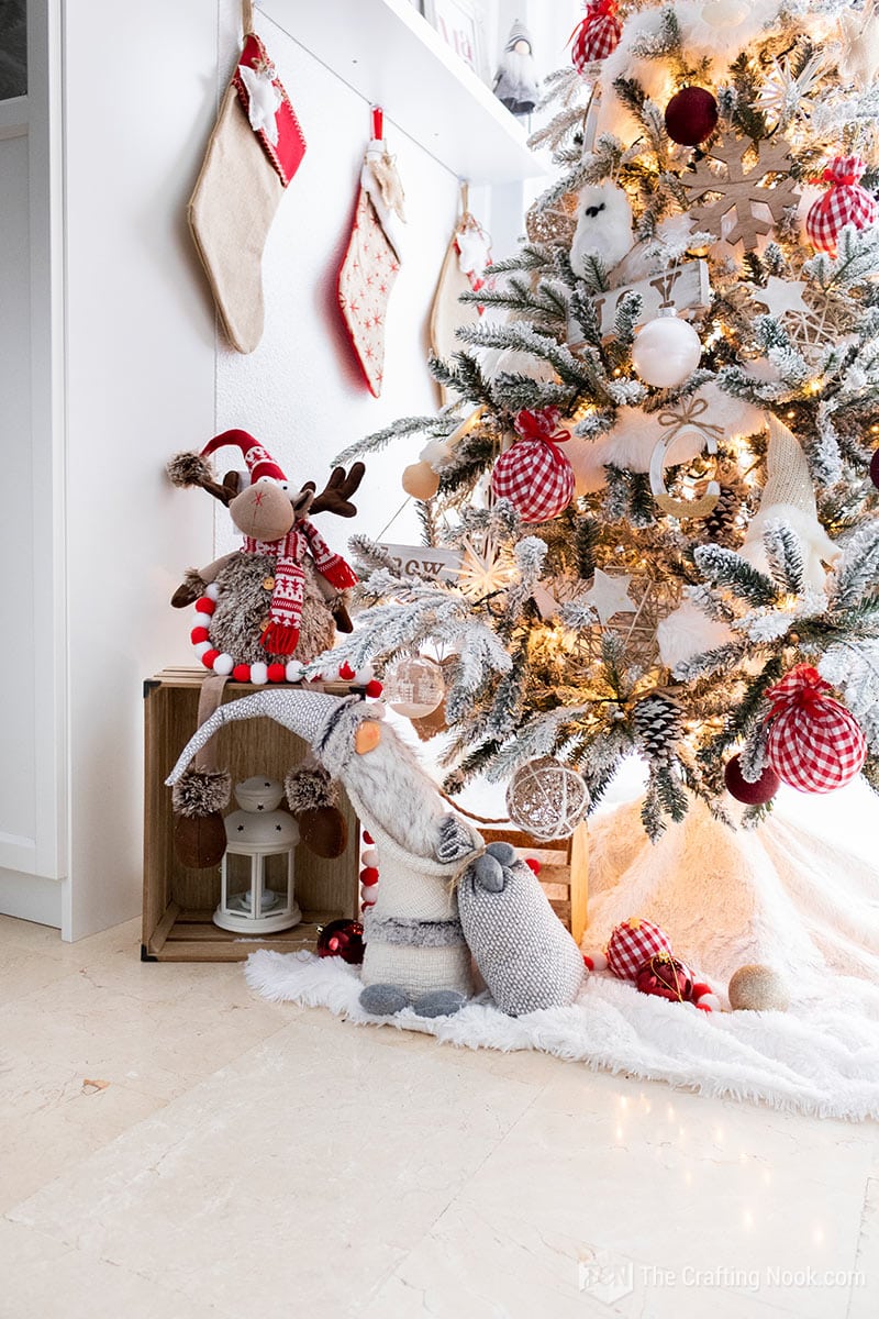 close-up view of the base of the tree with decorative elements