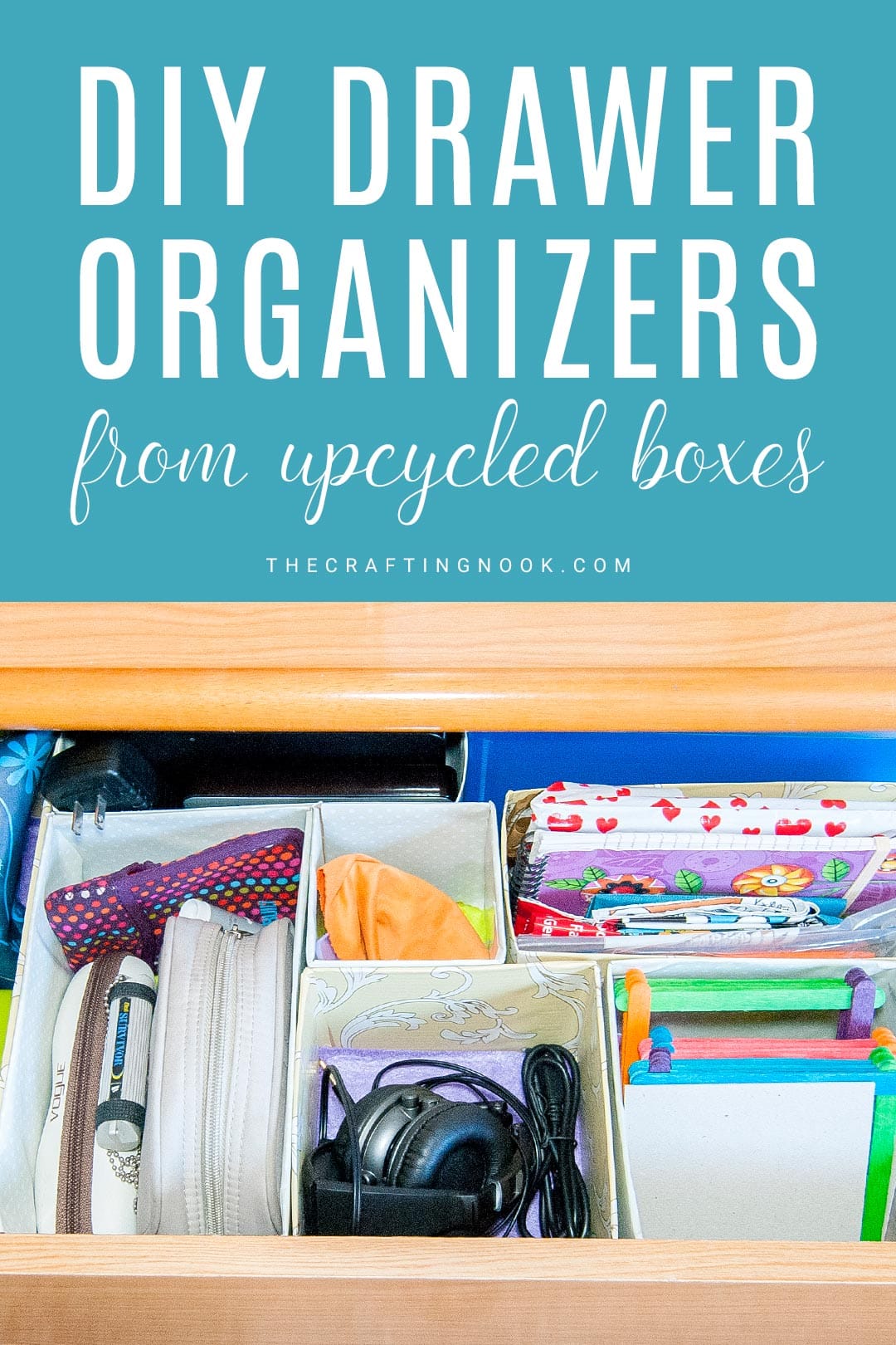 An open drawer with diy drawer organizers made with upcycled boxes