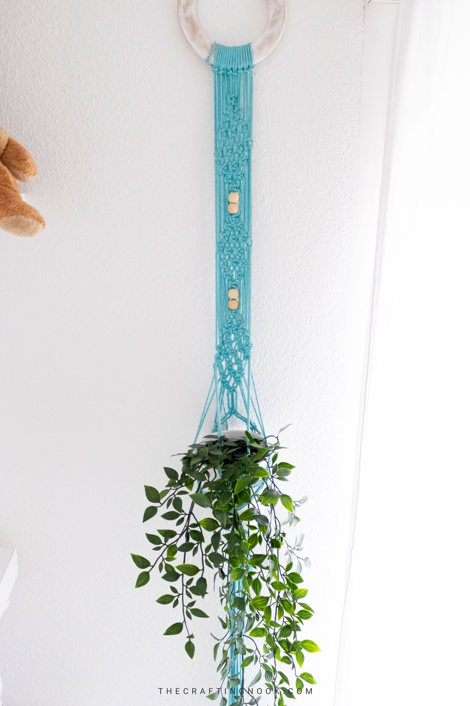 Macrame plant hanger with green trailing plant on white wall.