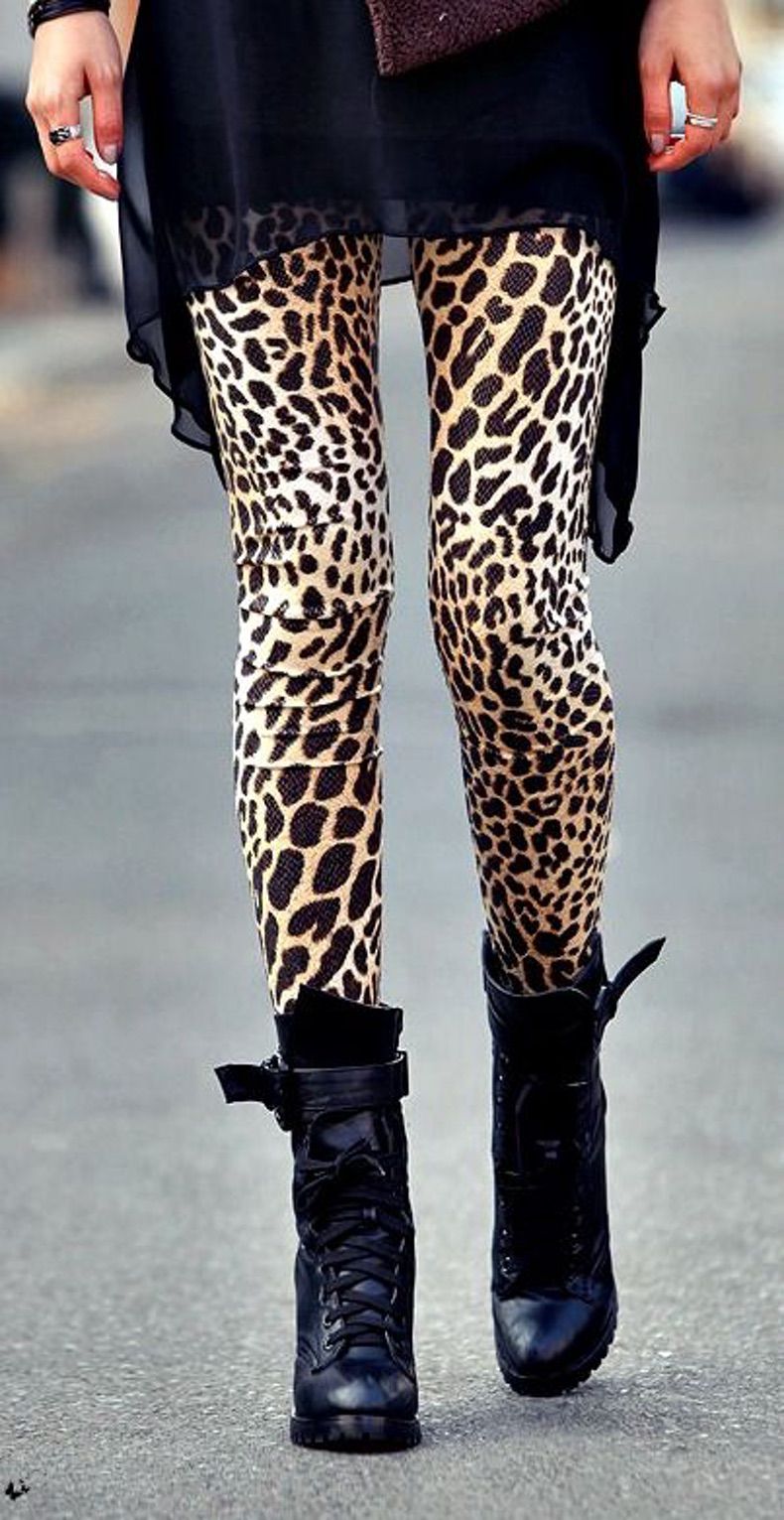 closer view of printed leopard leggins with black boots