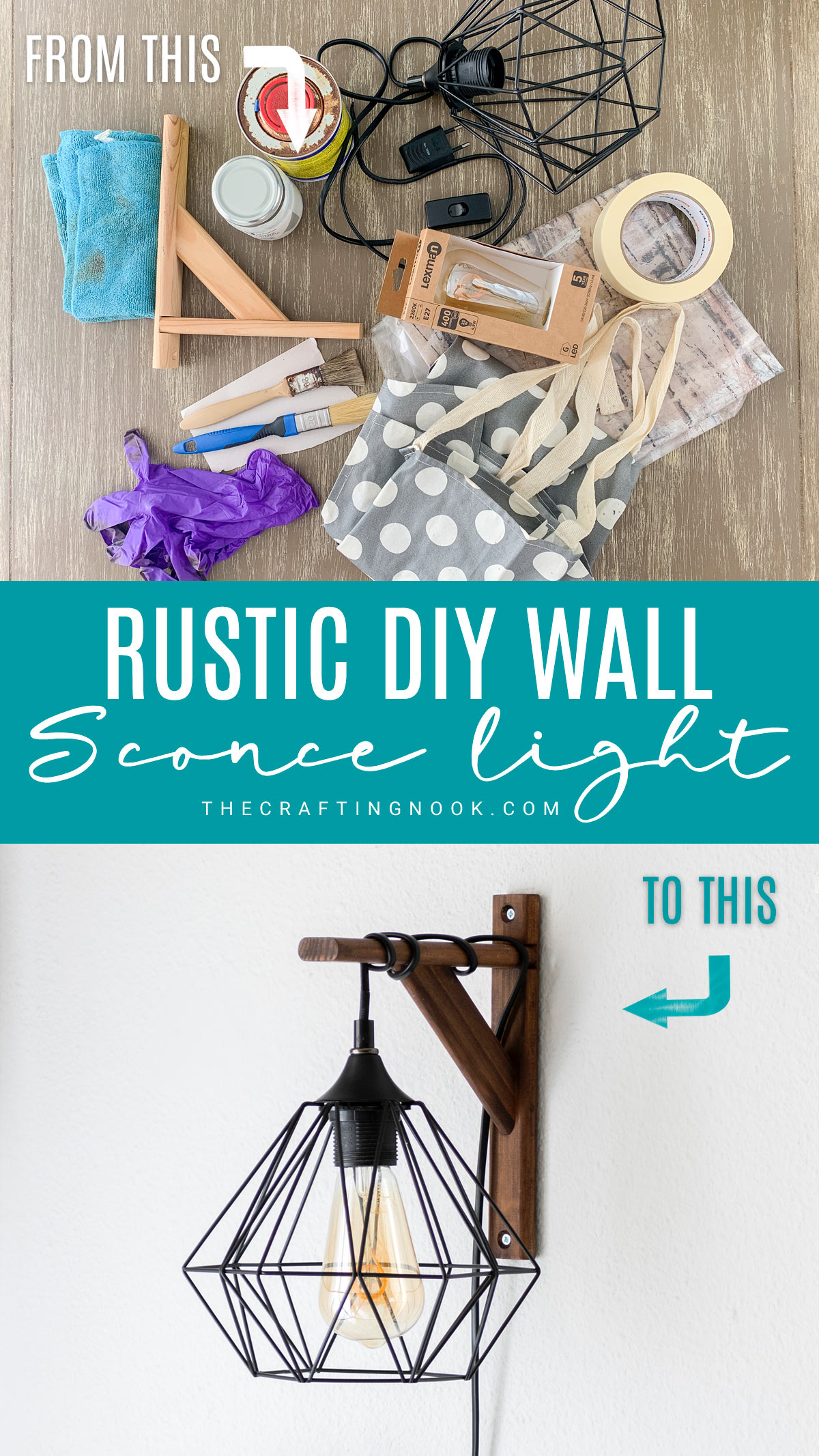 A pinterest image showing supplies against how the diy sconce light turned out