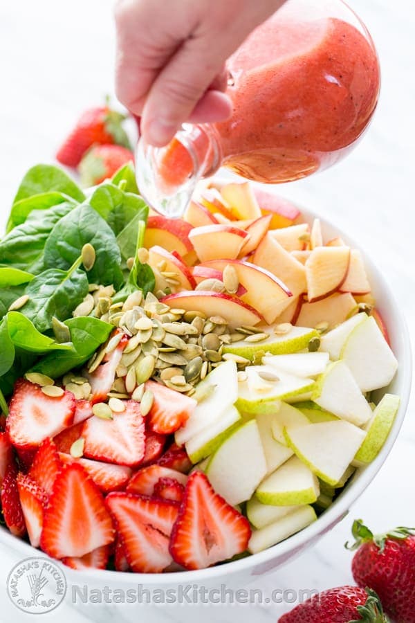 Fruit and Spinach Salad with Strawberry Vinaigrette by Natasha's Kitchen