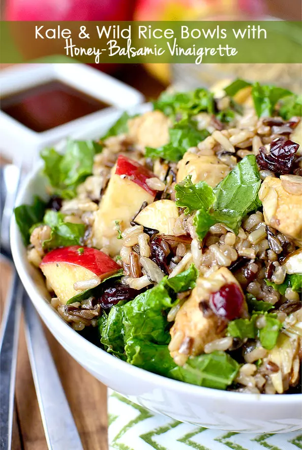 Kale and Wild Rice Bowls with Honey-Balsamic Vinaigrette by Iowa Girl Eats