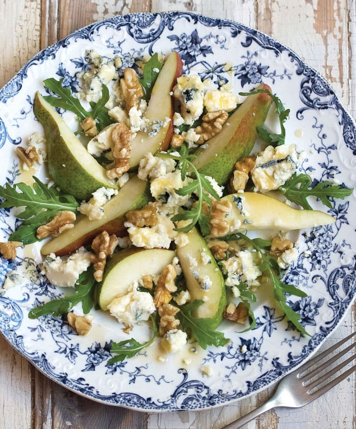 Pear, blue cheese and walnut salad with a maple syrup vinaigrette by Drizzle and Dip