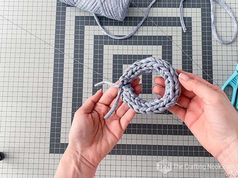 an overhead view of the finished knitted bracelet