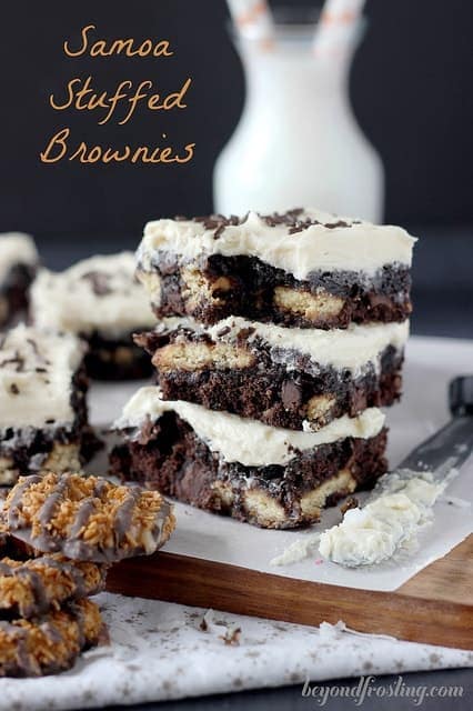 Samoa Stuffed Brownies with Caramel Frosting