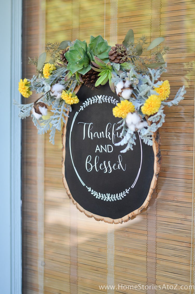 Chalkboard wood slice Wreath via Home Stories A to Z