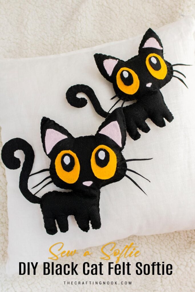 DIY Halloween Black Cat Felt Softie with Pattern and Video Cover image with Title text overlay