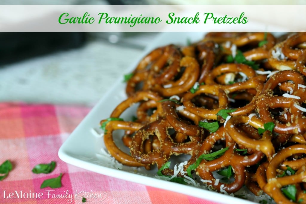 Garlic Parmigiano Snack Pretzels  | LeMoine Family Kitchen. A really simple and flavorful way to jazz up snack pretzels. These are party perfect!