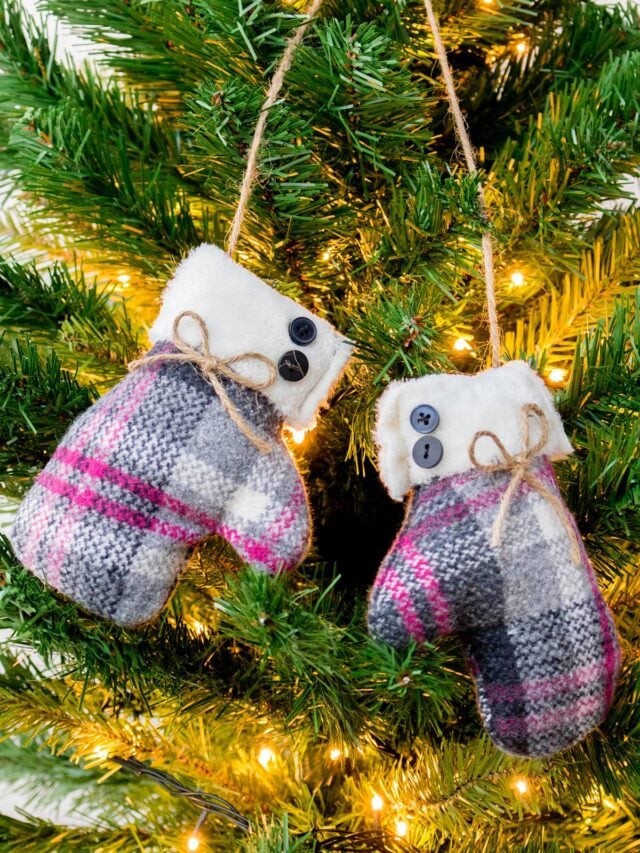 DIY Mittens Christmas Ornament made with pliad flanel fabric and fleece. Cover image