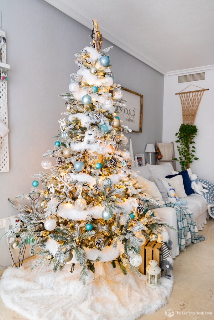 Living Room Blue and White Christmas Decor - The Crafting Nook