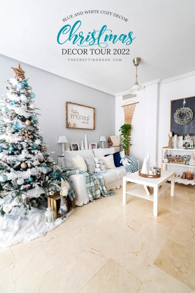 Living Room Blue and White Christmas Decor 2022 Cover image with title text overlay