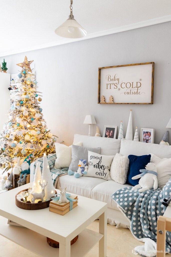 Living Room Blue and White Christmas Decor - The Crafting Nook