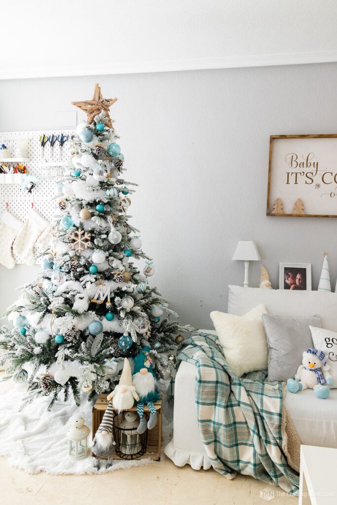 Living Room Blue and White Christmas Decor - The Crafting Nook