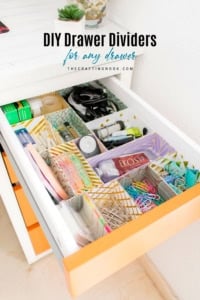 Hero image of an open desk drawer filled with colorful DIY cardstock dividers and neatly organized office supplies, with text overlay reading “DIY Drawer Dividers for any drawer.”