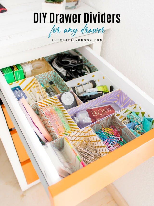 Neatly organized drawer with DIY dividers holding various office and craft supplies. Image with title text overlay