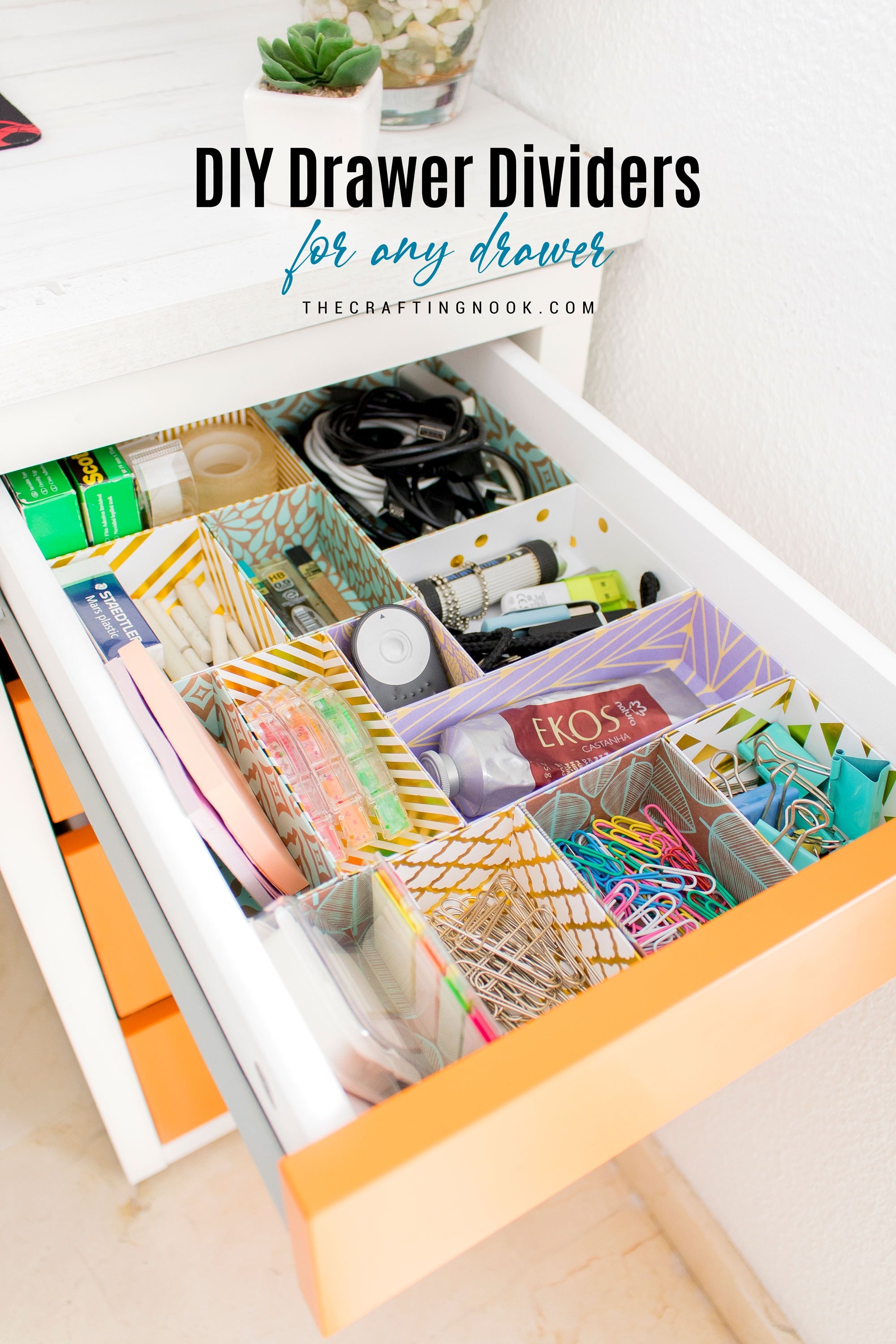 Neatly organized drawer with DIY dividers holding various office and craft supplies. Image with title text overlay