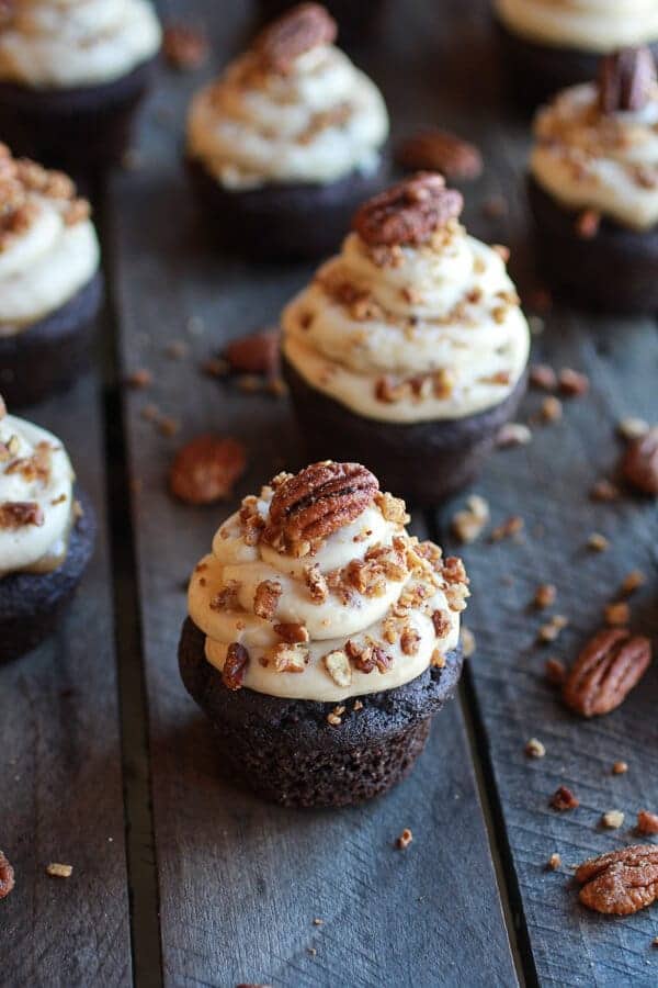 Chocolate Bourbon Pecan Pie Cupcakes with Butter Pecan Frosting by Half Baked harvest