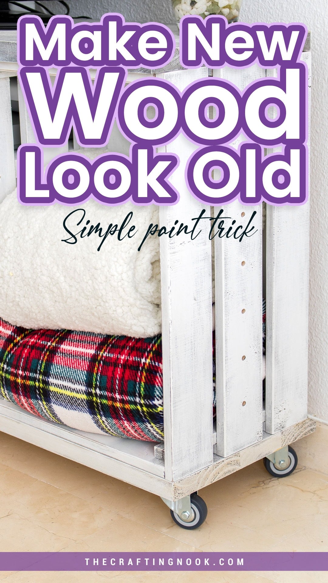 DIY distressed wood finish with dry brush painting technique for rustic furniture.