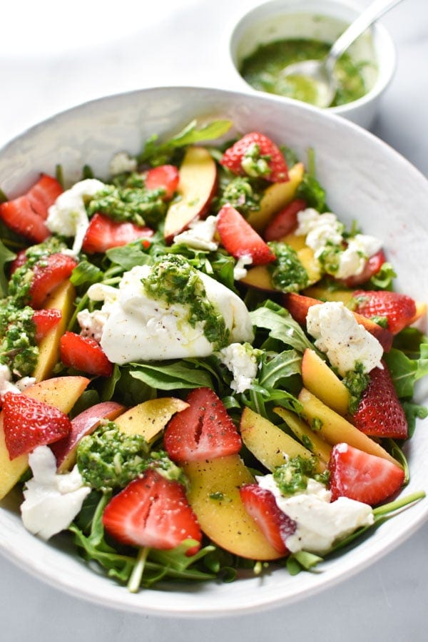 Peach Burrata Salad with Basil Vinaigrette By The Dizzy Cook