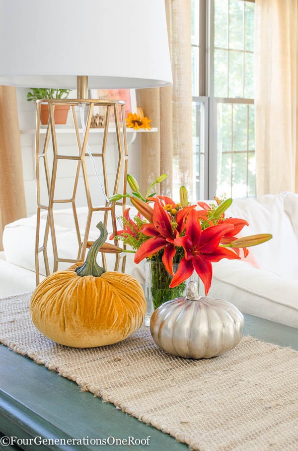 Pumpkins and Fresh Florals on Our Sofa Table