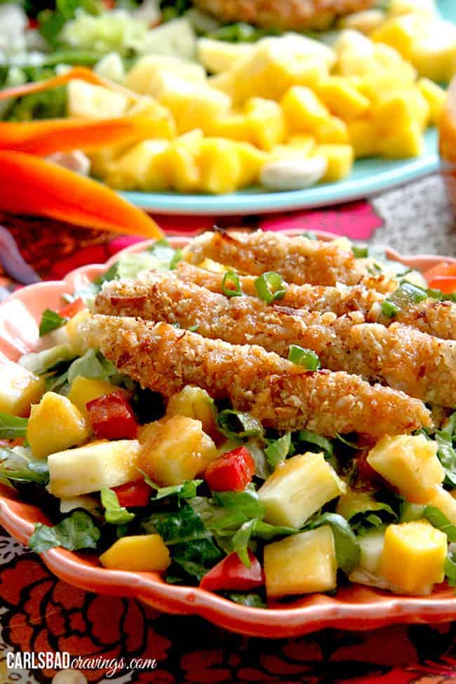 CRISPY COCONUT CASHEW CHICKEN TROPICAL SALAD WITH PINEAPPLE GINGER VINAIGRETTE by Carlsbad Cravings