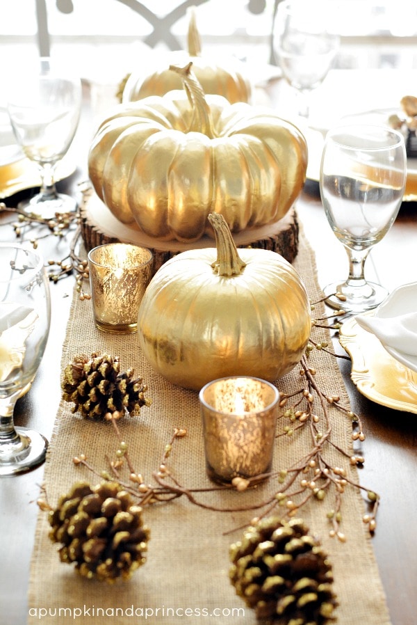 Thanksgiving Inspired Gold Table Decor By A Pumpkin and a Princess