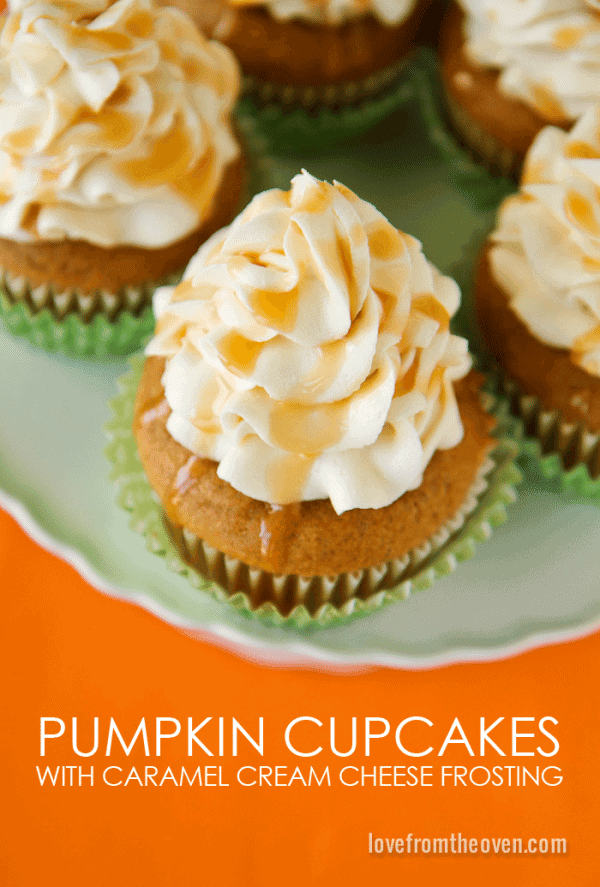 Pumpkin Cupcakes with Caramel Cream Cheese Frosting by Love From the Oven