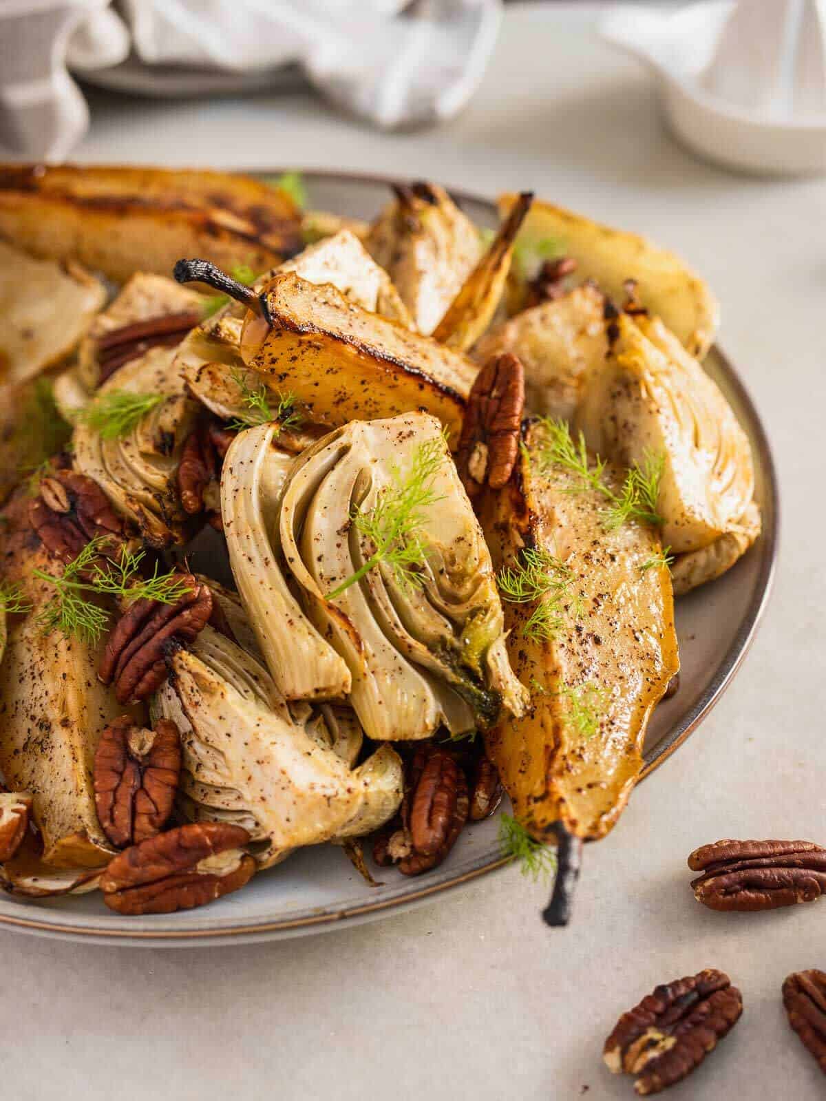 Roasted Fennel and Pear Salad with Vinaigrette & Pecan Nuts By Our Plant Based World
