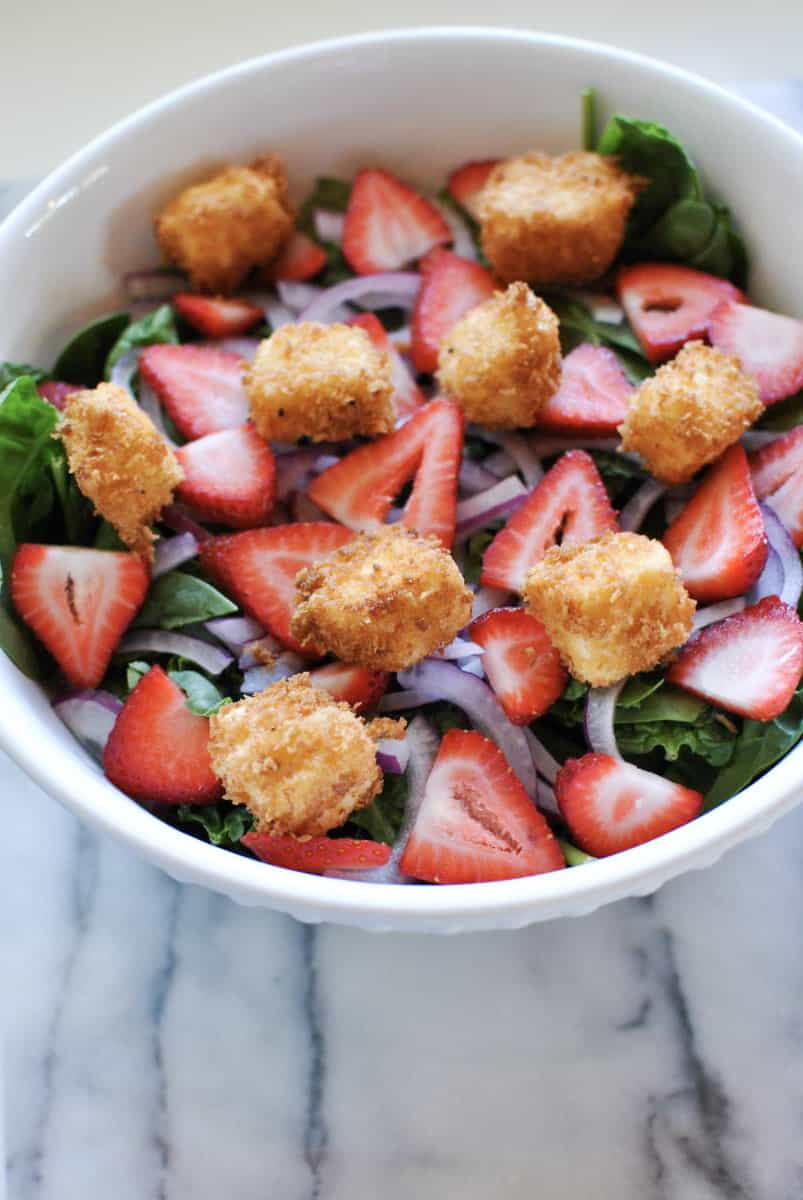 Spinach Strawberries and Fried Feta Salad By The Perfect Tide