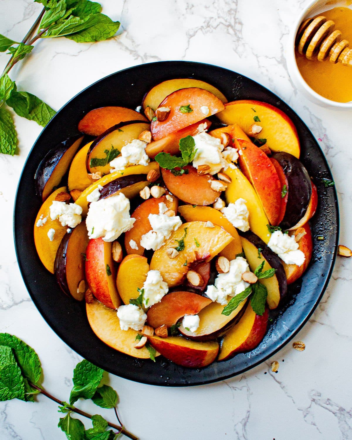 STONE FRUIT SALAD WITH GOAT CHEESE AND HONEY-LEMON VINAIGRETTE By Chenee Today