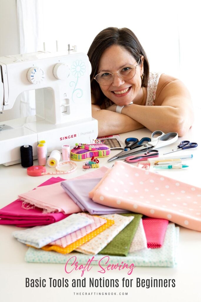 Craft Sewing Basic Tools and Notions for Beginners. Me behind a table with all my craft sewing tools in front of me laying on the table. Cover image with title overlay