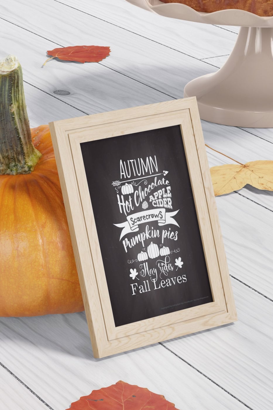 Autumn-themed chalkboard printable with fall words and illustrations.