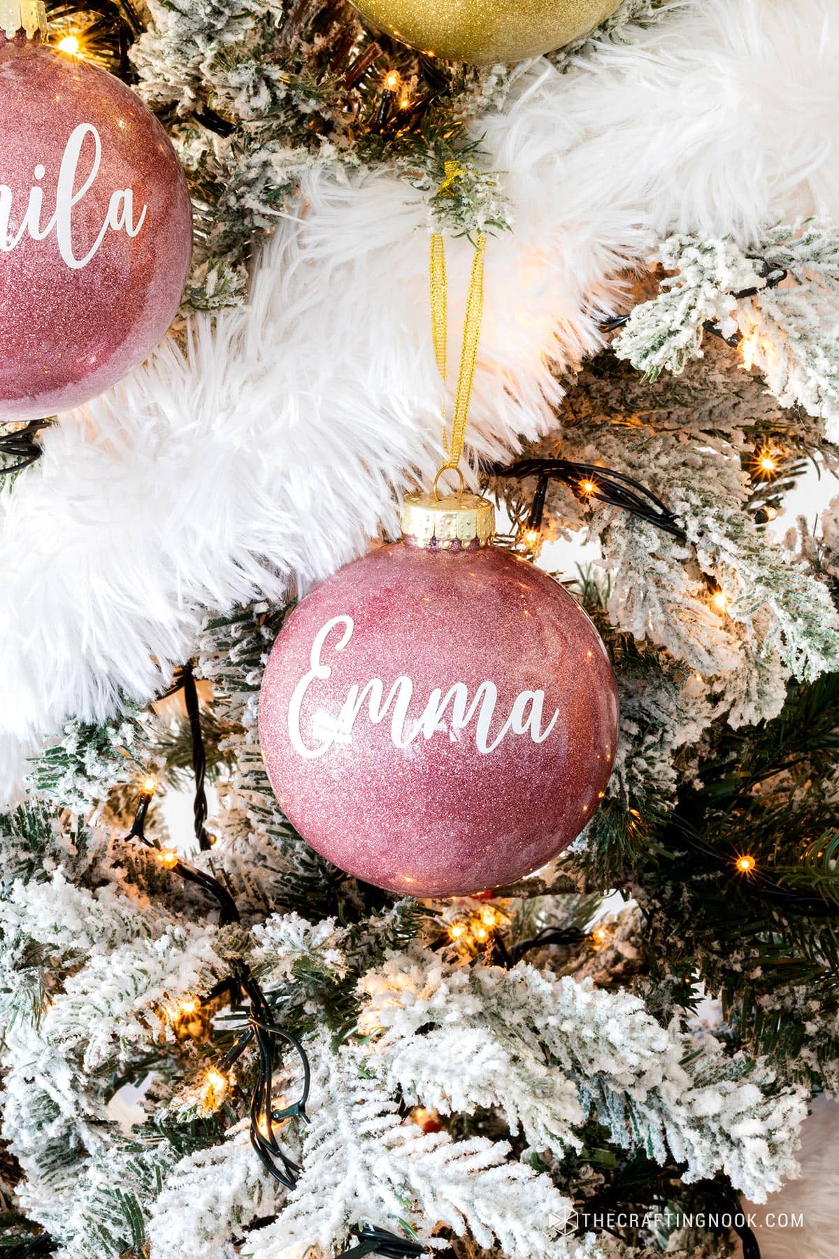 Personalized DIY Glitter Christmas Ornament with Emma name on the tree.