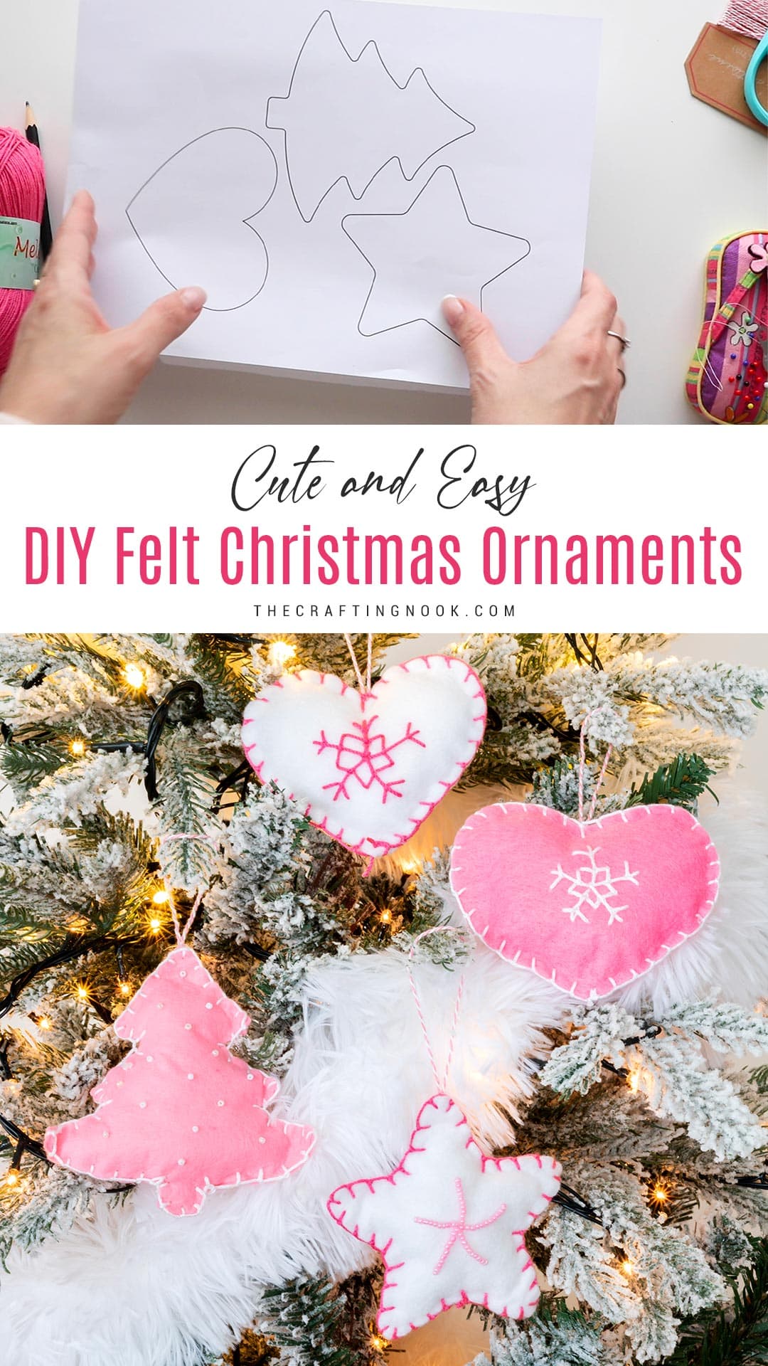 4 different DIY Felt Ornaments for Christmas on the tree. Pinterest image with Title text overlay