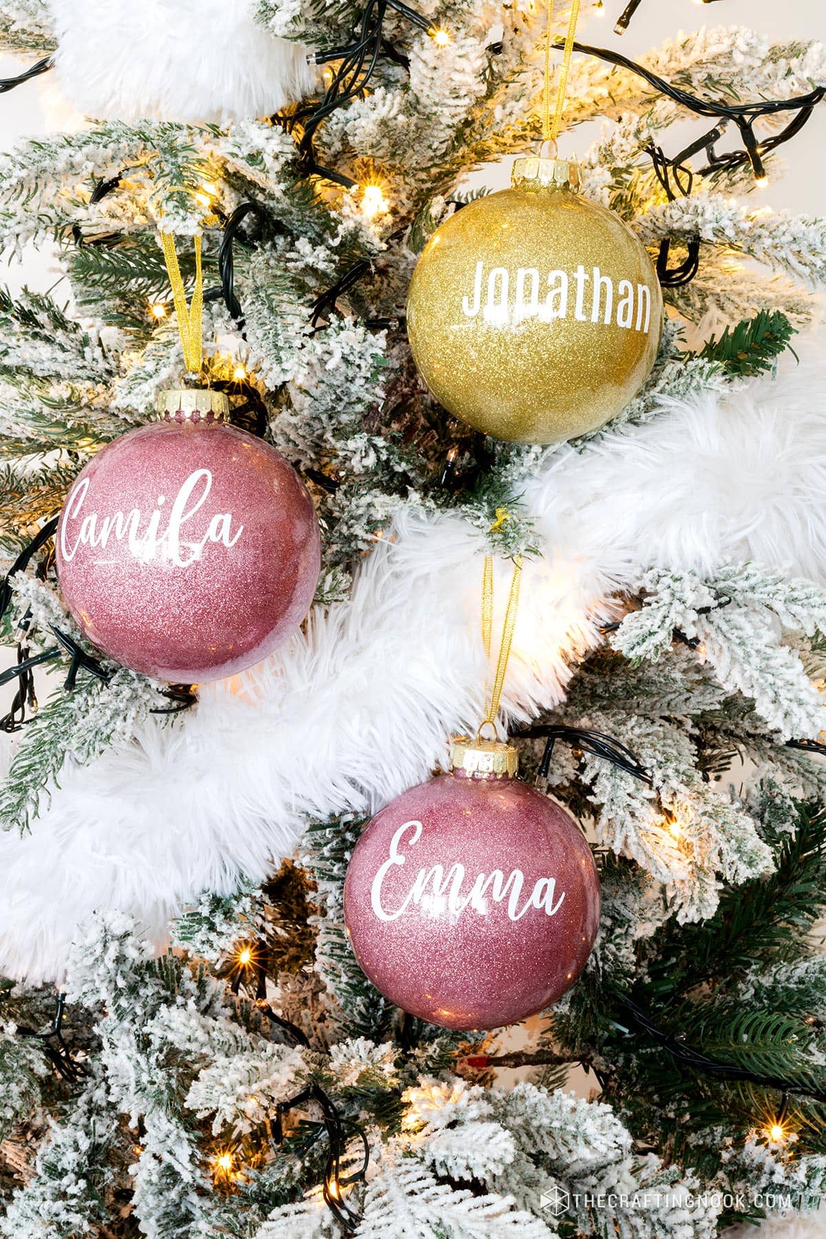 Personalized DIY Glitter Christmas Ornaments on the tree, 2 Pink ones and one Gold