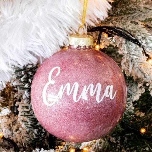 Personalized DIY Glitter Christmas Ornaments on the tree. Cover image