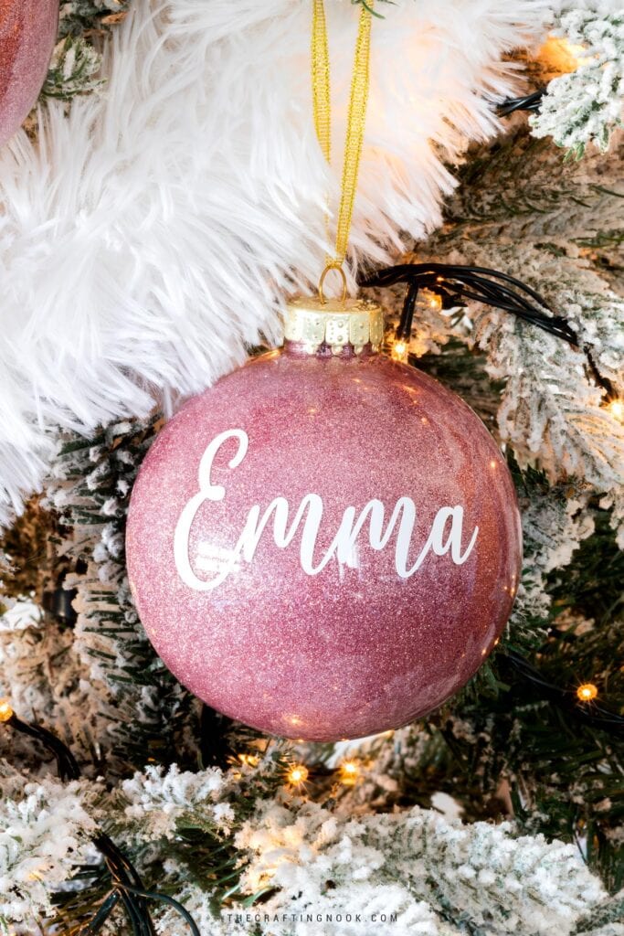 Personalized DIY Glitter Christmas Ornaments on the tree. Cover image