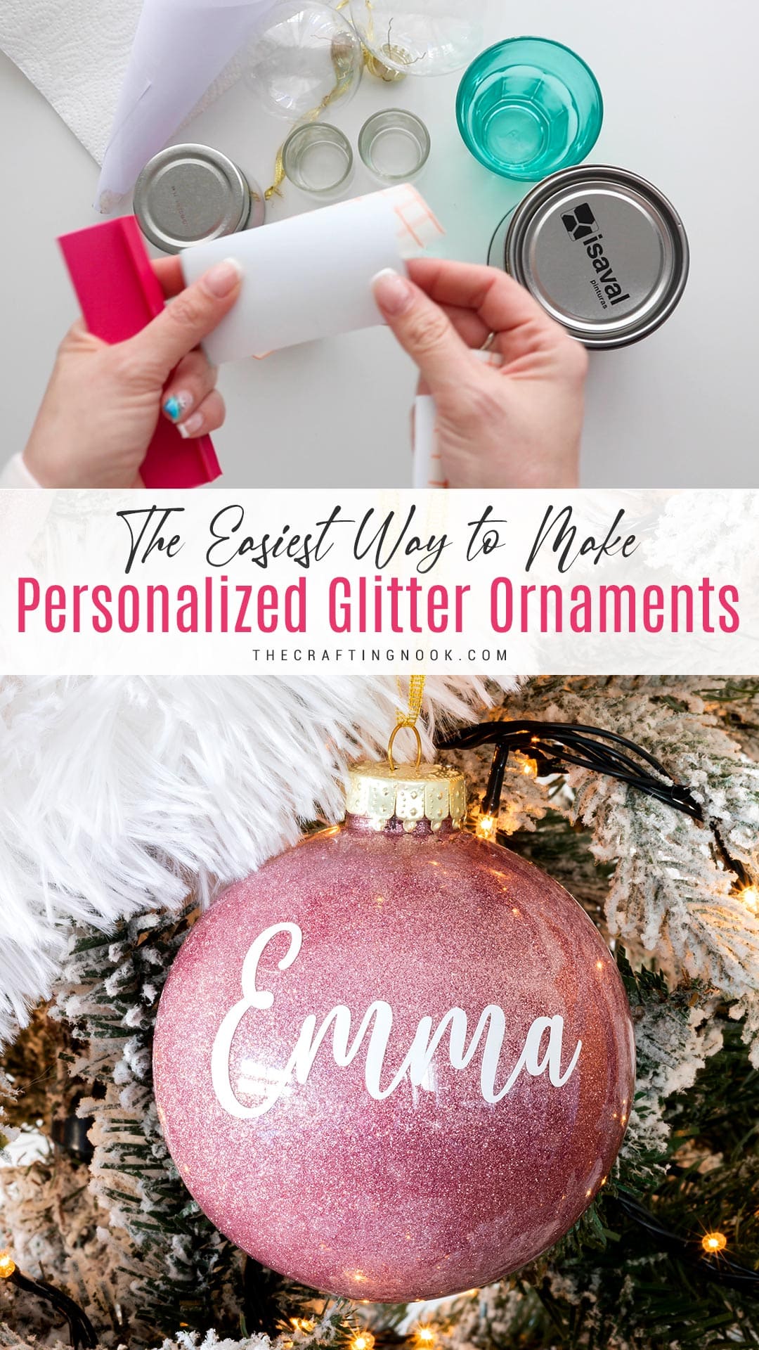 Personalized DIY Glitter Christmas Ornaments on the tree. Pinterest image with title text overlay