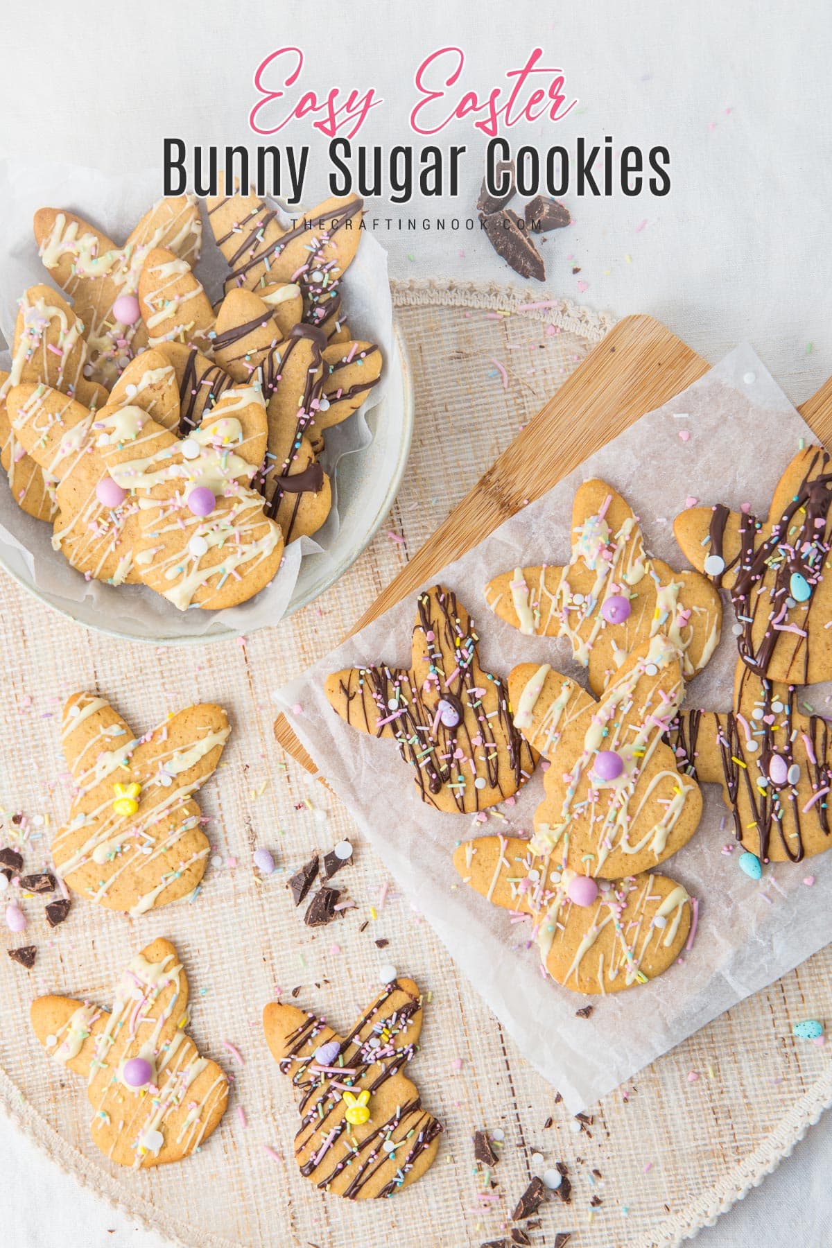 Easy Easter Bunny Cookies drizzle with white and milk chocolate and decorated with delicious sprinkles. Cover image with Title text overlay.