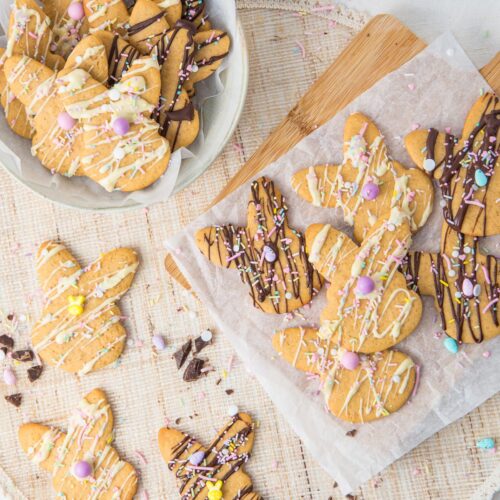 Easy Easter Bunny Cookies drizzle with white and milk chocolate and decorated with delicious sprinkles. Cover image