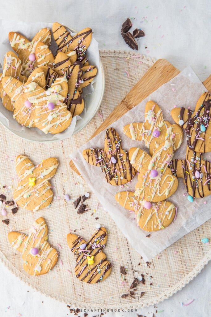 Easy Easter Bunny Cookies drizzle with white and milk chocolate and decorated with delicious sprinkles. Cover image