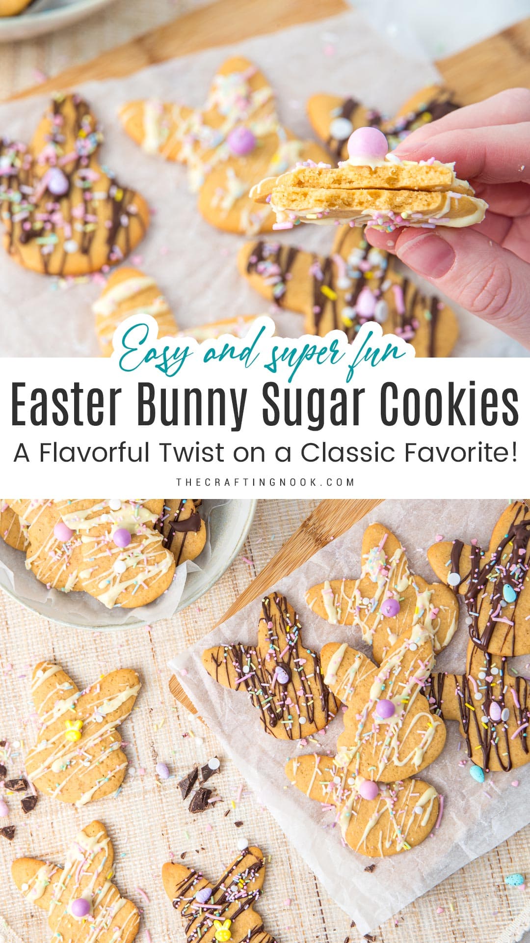 Easy Easter Bunny Cookies drizzle with white and milk chocolate and decorated with delicious sprinkles. Pinterest image with Title text overlay.