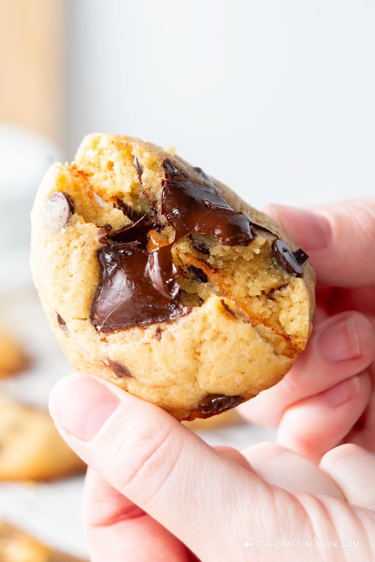 Small Batch Chocolate Chip Cookies Recipe. A super closeup of one cookie cracked in half and the choclate melting out from the cookie.