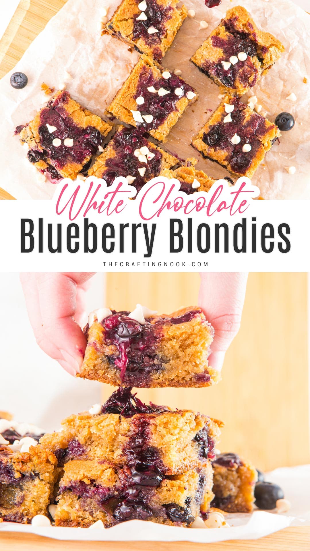 White Chocolate Blueberry Blondies cut in nineths on a piece ofpartchment paper and a cutting board. Pinterest image with title text overlay